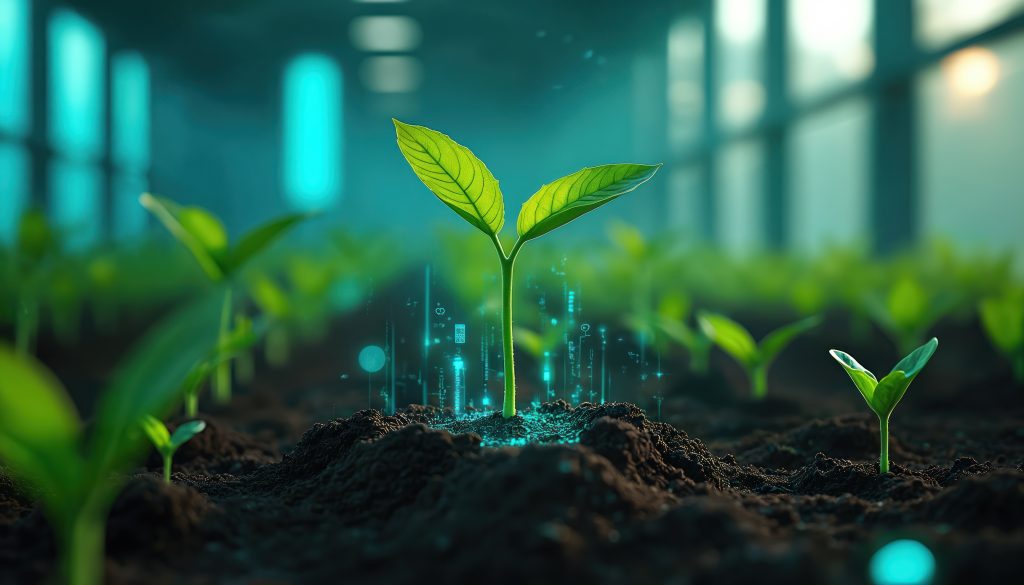 Young plant grows in tech-driven greenhouse. Digital data flows around stem showing innovation in agriculture. Eco-friendly farming, modern cultivation future food tech concepts. High tech