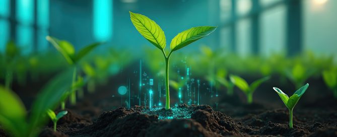 Young plant grows in tech-driven greenhouse. Digital data flows around stem showing innovation in agriculture. Eco-friendly farming, modern cultivation future food tech concepts. High tech