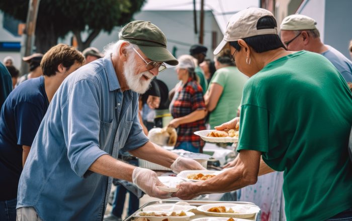 compassionate volunteer distributing food and supplies to people in need at a local soup kitchen, generative ai
