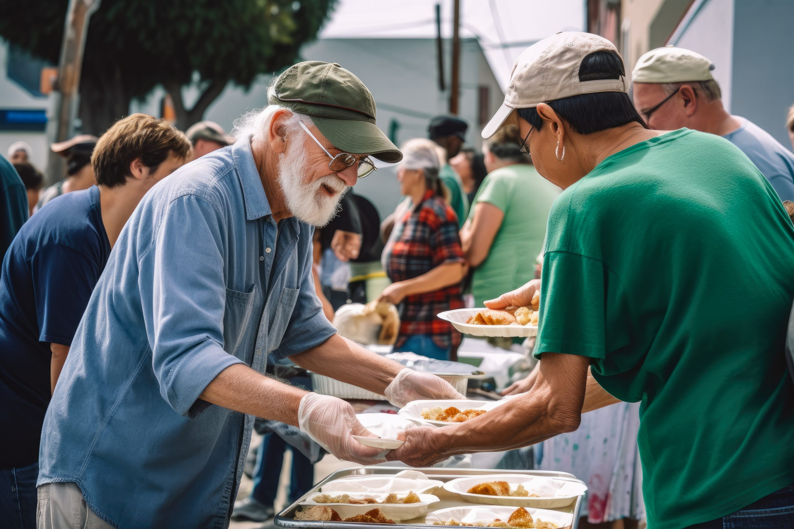 compassionate volunteer distributing food and supplies to people in need at a local soup kitchen, generative ai