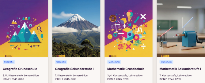 Prototyp für ein inklusives Schulbuch, das auch für Lernende mit Förderbedarf funktioniert. Zu sehen sind 4 Kacheln mit teils bunten, teils photorealistischen Illustrationen zu den Bereichen Mathematik und Geografie
