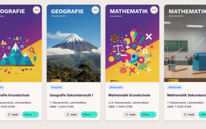 Prototyp für ein inklusives Schulbuch, das auch für Lernende mit Förderbedarf funktioniert. Zu sehen sind 4 Kacheln mit teils bunten, teils photorealistischen Illustrationen zu den Bereichen Mathematik und Geografie