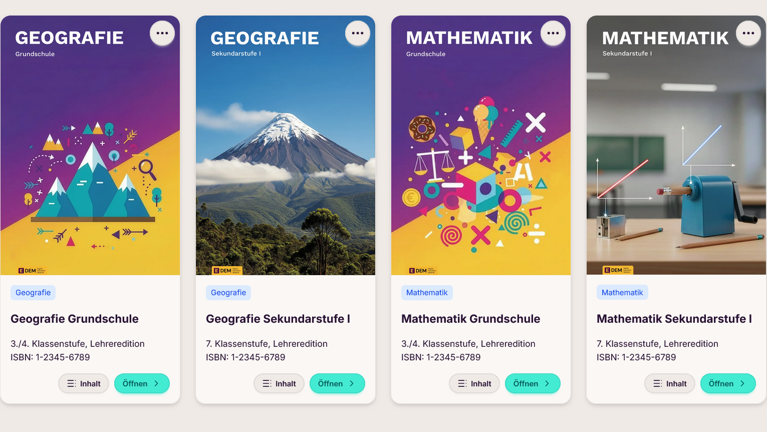 Prototyp für ein inklusives Schulbuch, das auch für Lernende mit Förderbedarf funktioniert. Zu sehen sind 4 Kacheln mit teils bunten, teils photorealistischen Illustrationen zu den Bereichen Mathematik und Geografie